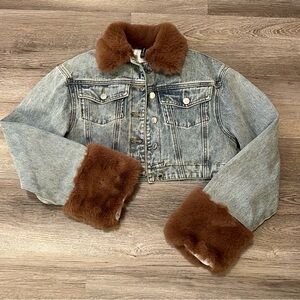 Vintage wash faux fur cuffed denim jacket